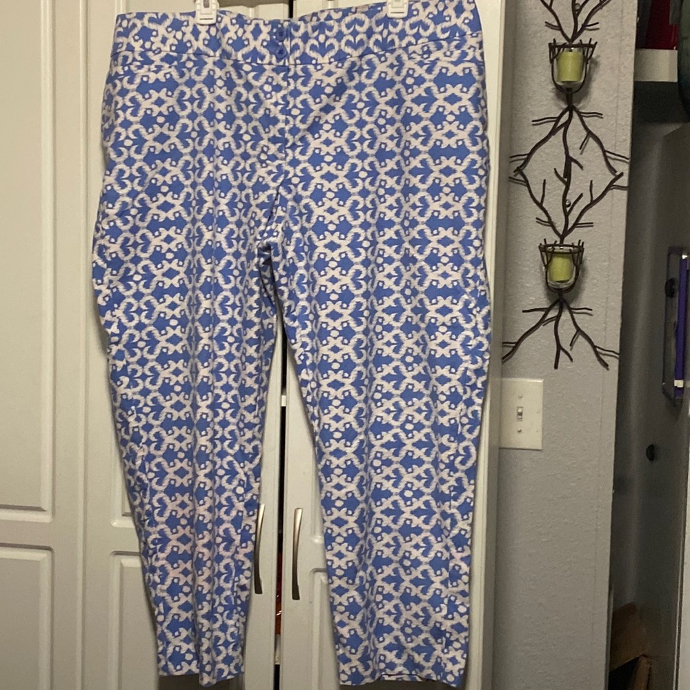 Cornflower blue and white slacks.